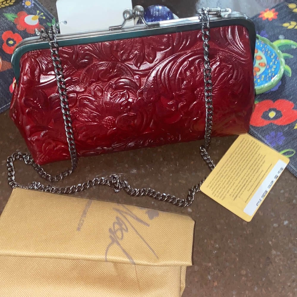 Patricia Nash Red Embossed Leather Chain Clutch